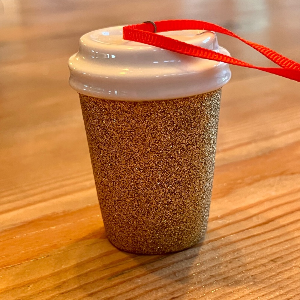 Starbucks Gold Glitter Holiday Ornament with Red Ribbon